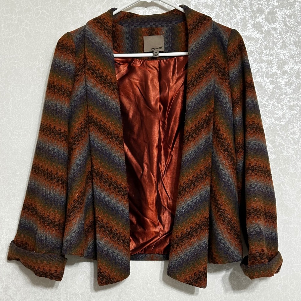 Aryn K Chevron Stripes Wool Blend Open Front Blazer Jacket Multicolor Brown Sz M